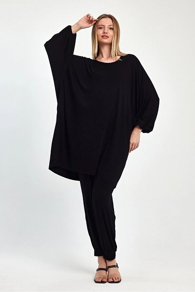hazelin Women's Black Bat Sleeve Wide Fit Combed Cotton Viscose Double Suit Hzl25S-Vm110291