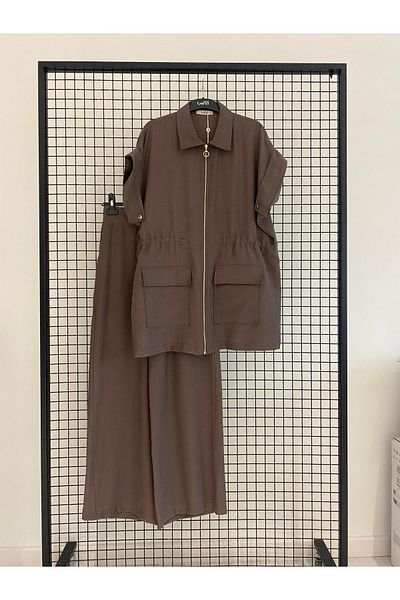 Armine TREND Zippered Waist Drawstring Pocket Tunic and Zippered Waist Wide Leg Fabric Trousers Bottom-Top Set