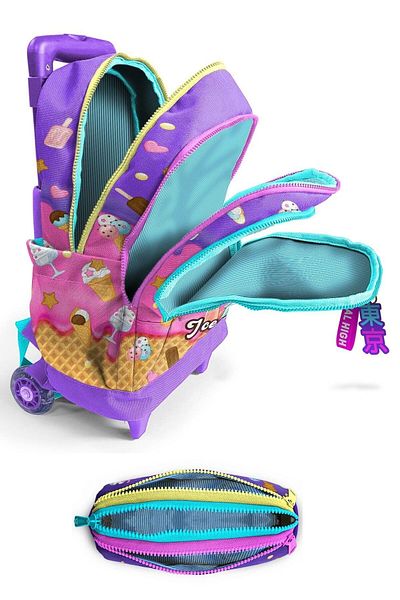 Coral High Lighted Girl, Lilac Turquoise Ice Cream Girl Printed, Primary School Rickshaw Bag and Pen Holder Set