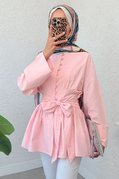 Salih Çelebi Belted Kimono Sleeve Tunic 2343 - Pink