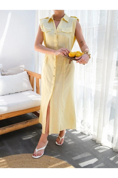 Marbella Γυναικείο καλοκαιρινό κομψό αμάνικο φόρεμα μεσαίου μήκους από λινό