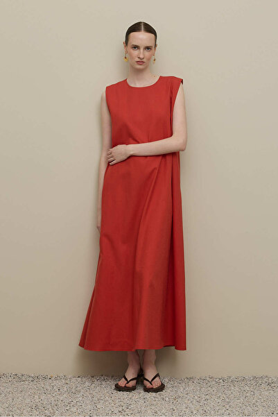 Fahhar Φόρεμα Basic Λινό με Χοντρό λουράκι Κόκκινο