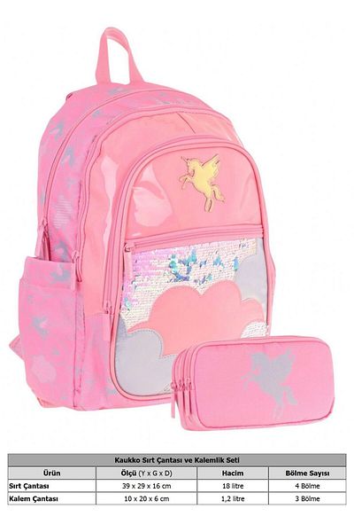 KAUKKO Girl's School Bag and Three Compartment Pen Holder Set (Pink - Sequin Cloud) - (L5218+L8218)