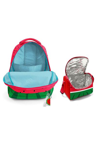 Coral High Coral Highthree-Eye Red Green Watermelon School Backpack for Boys and Thermal Lunch Bag