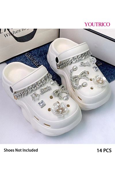 Youtrico 14pcs Silver Bow and White Rhinestone Chain Jibbitz Charms for Slipper Ornament