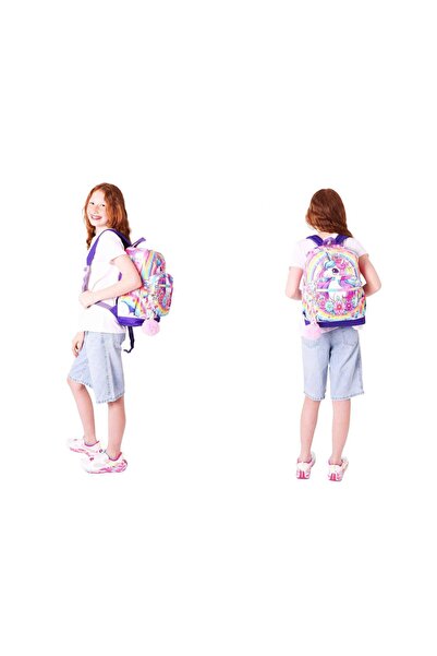 KAUKKO Unicorn Printed Girls School Bag and Thermo Lunchbox Set - Pink Purple (L5249+L7249)