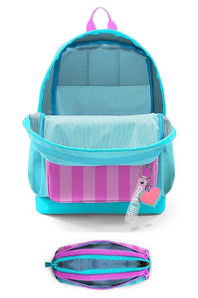 Coral High Special Four-Eye Backpack and Pen Holder Set for Primary School Girls - Turquoise Pink Striped