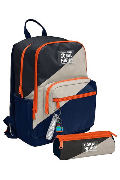 Coral High Boy's Backpack and Pen Holder Set - Navy Blue Beige Colored Stripes - Elementary School