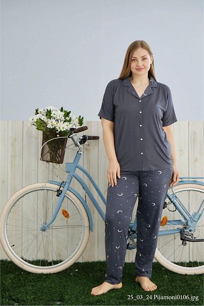 Pijamoni Plus Size Anthracite Milan Fabric Button Front Women's Pajama Set – 7560