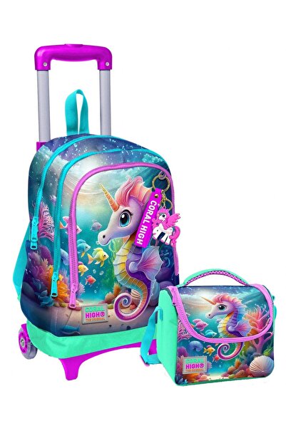 Coral High حقيبة مدرسية مضاءة + صندوق غداء معزول حراريًا - فتاة - حصان البحر ...