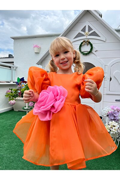 Linola Baby Kids Rose- Oranj Şifon Kısa Kollu Kız Çocuk Elbisesi