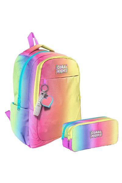 Coral High Elementary School/Middle School Backpack and Two Compartment Pen Holder Set - Girl - Navy Blue Line