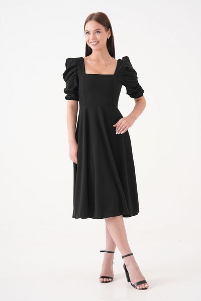 vuvutasarım New Season Stretchy Crepe Fabric Short Sleeve Square Neck Midi Length Flared Cut Black Dress 080