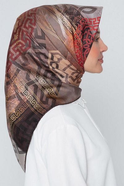 Armine Nostalgia Series Twill Silk Scarf 8245D-01 Geometric Pattern Brown