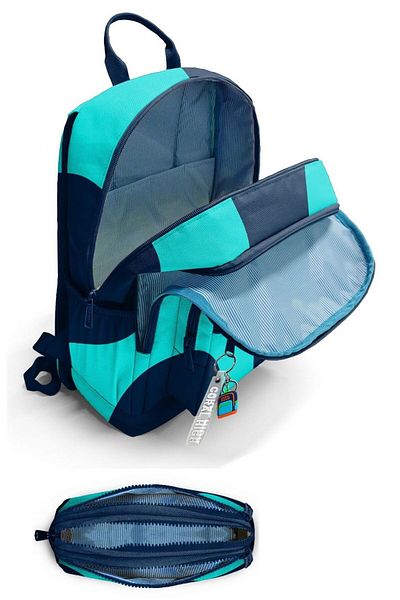 Coral High Boy's Backpack and Pen Holder Set - Navy Blue Turquoise Colored Stripes - Primary School