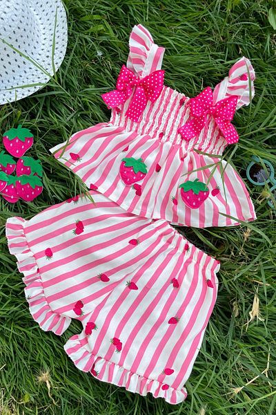 Minigimin Cicileri Bow Patterned Strawberry Printed Gipeli Girl's Set of 2 - Pink