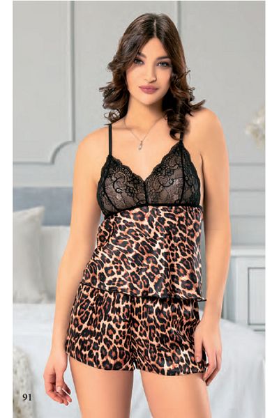 Miss Laris Lingerie Women's Satin Shorts Lace Detailed Leopard Print Nightgown Set