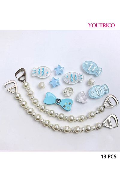 Youtrico 13pcs Blue Fish and Pearl Chain Jibbitz Charms for Slipper Ornament