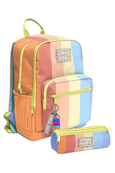 Coral High Set rucsac și suport stilou pentru fete - dungi de culoare portocaliu galben albastru - școala primară