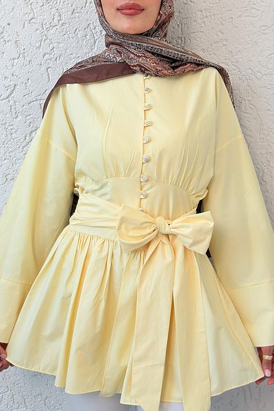 Salih Çelebi Belted Kimono Sleeve Tunic 2343 - Yellow