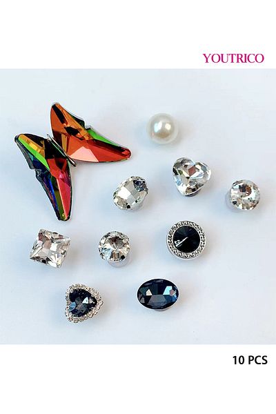 Youtrico 10pcs Crystal Glass Butterfly and Diamond Jibbitz Charms for Slipper Ornament