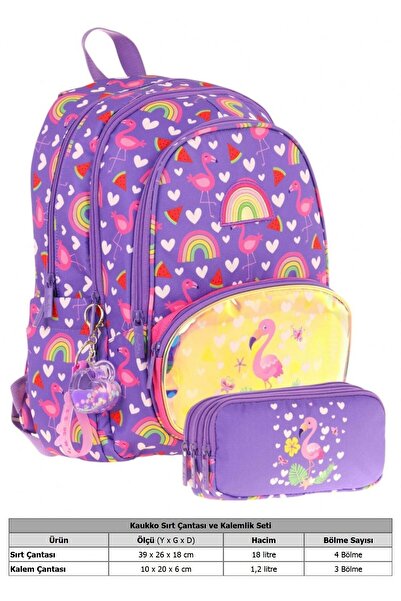 KAUKKO School Backpack and Three Compartment Pencil Case Set for Girls - Purple Pink - Flamingo Embroidery and