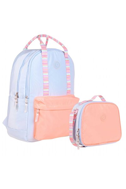 KAUKKO Blue Orange Colorful Double Color Design School Bag and Lunch Box Set ...