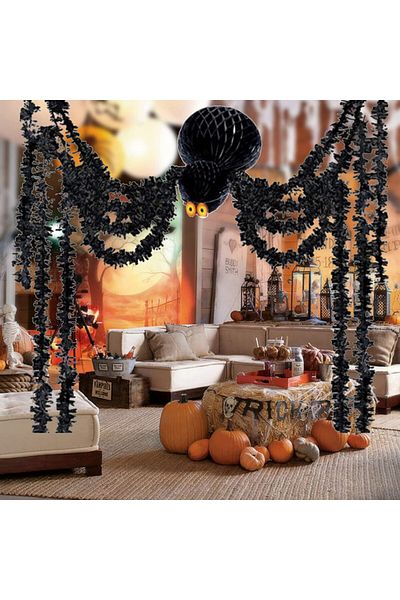 Qpout Decorațiune de Halloween cu păianjen, textilă, neagră, 1 x 30 cm / 1 x 20 cm / 8 x 2 m