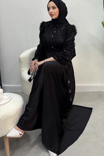 Abiye Diyarı Women's Paris Model Top Part Stone Sequin Skirt Part Satin Evening Dress-Black