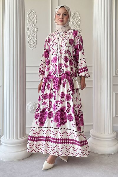 InStyle Vintage Patterned Fuchsia Viscose Dress
