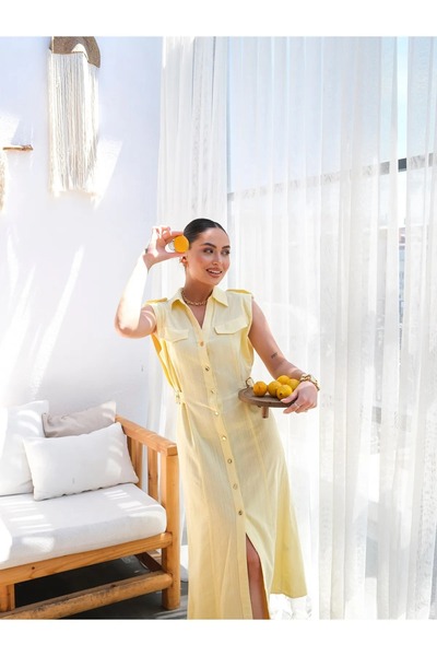 Marbella Γυναικείο καλοκαιρινό κομψό αμάνικο φόρεμα μεσαίου μήκους από λινό