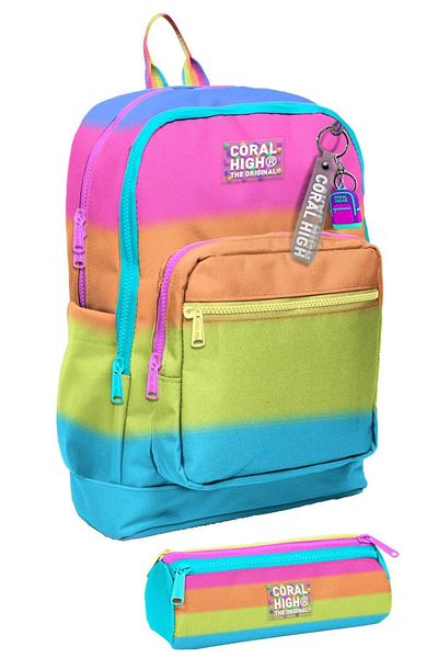 Coral High Set de rucsac cu patru compartimente și suport pentru stilou pentru fetele de școală primară, culoare roz portocaliu