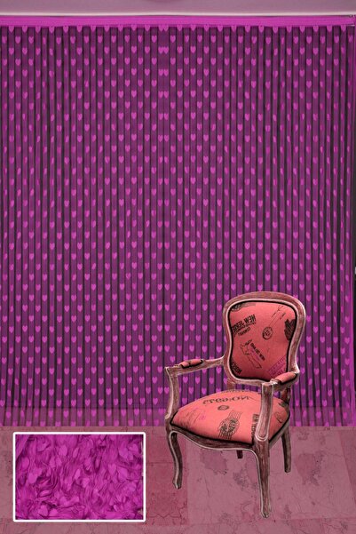 AKÇA TEKSTİL Heart Model Fuchia Color Rope Curtain Ready Rope Curtain 300*270