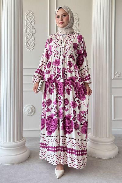 InStyle Vintage Patterned Fuchsia Viscose Dress