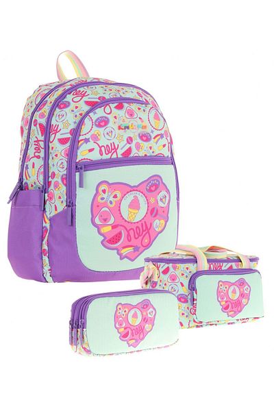 KAUKKO Set ghiozdan pentru școală primară pentru fete triple (L5230+L7230+L8230) violet verde - pepene verde și înghețată
