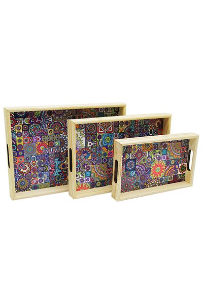 Mena Rise Şirinshop 3 Size Wooden Tray Patterned Floor 16X26 - 21X31 - 24X34Cm 1108107