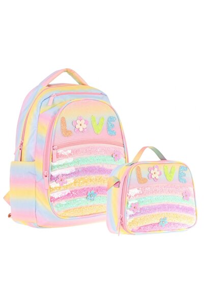 KAUKKO Dört Bölmeli Okul Çantası ve Beslenme Çantası Seti - Simli Pullu Love - Kız (L5214+L7214)