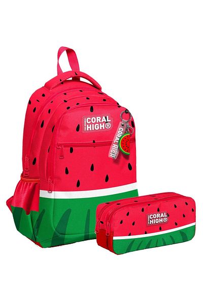 Coral High Three Compartment Primary School Backpack and Two Compartment Pen Holder - Men - Red Green Watermelon