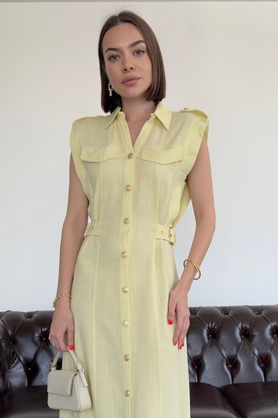 solena sln Kadın Bel Toka Detay Önden Düğmeli Keten Gömlek Midi Boy Yazlık Elbise