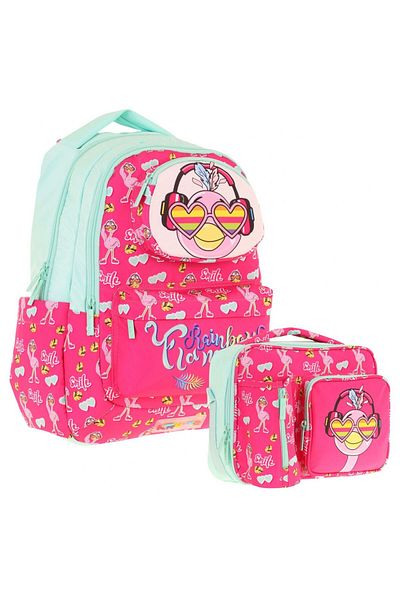 KAUKKO Set rucsac și cutie de prânz pentru școală în formă de flamingo 3D pentru fete