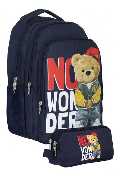 Cennec Navy Blue White Hiphop Teddy Bear Printed Men's Bag Set (Backpack + Pen Holder) - Setumt5033C