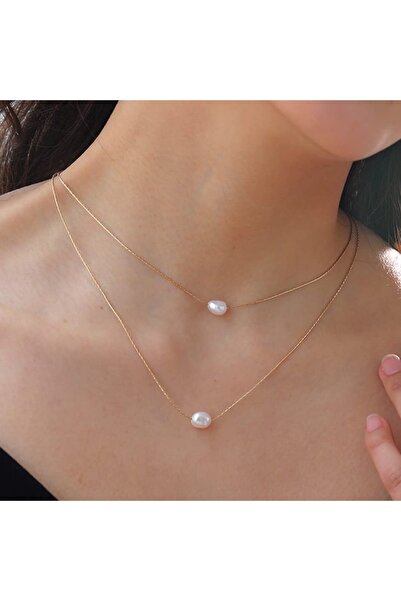 Mojo Jewellery Gold Renk İkili İnci Detaylı Kolye Seti | Kararmayan Çelik Takı