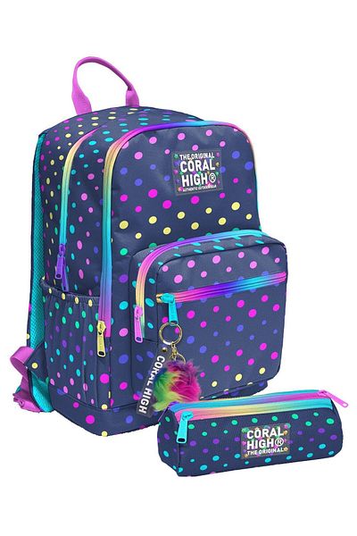 Coral High Set rucsac și stilou pentru fete - Bleumarin cu buline - Școala primară