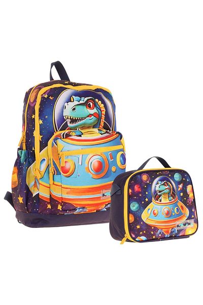 KAUKKO Set ghiozdan și cutie de prânz pentru băieți Astronaut Dinozaur - Albastru Galben (L5273+L7273)
