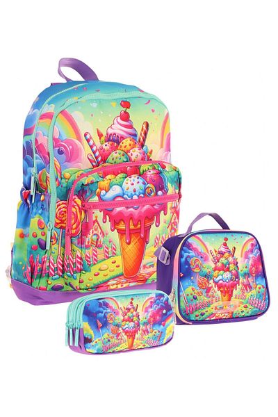 KAUKKO Four Compartment School Bag + Nutrition + Pen Holder Set (Ice Cream - Girl - Red Blue)