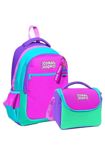 Coral High Coral Highthree-Eye Pink Green Multi-Colored School Backpack and Thermal Lunch Bag for Girls