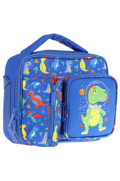 KAUKKO Bărbați, albastru, verde, dinozaur, izolat termic, cu trei compartimente (buzunar pentru sticlă) cutie de prânz școlară L7262