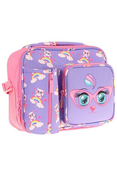KAUKKO Girl's Lilac Pink Cat Thermal Insulated Three Compartments (Water Bottle Pocket) School Lunch Bag L7236