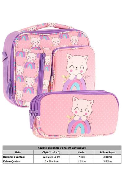 KAUKKO Kids Girl Salmon Purple Cat Patterned Three Compartment Lunch Box and Pen Holder Set (L7241+L8241)