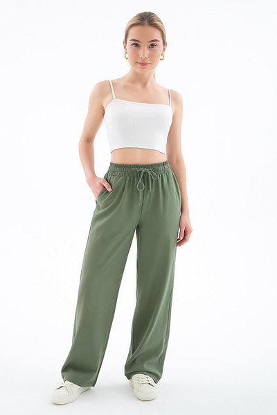 Fashion Friends Yüksel High Waist Wide Leg Linen Trousers Khaki